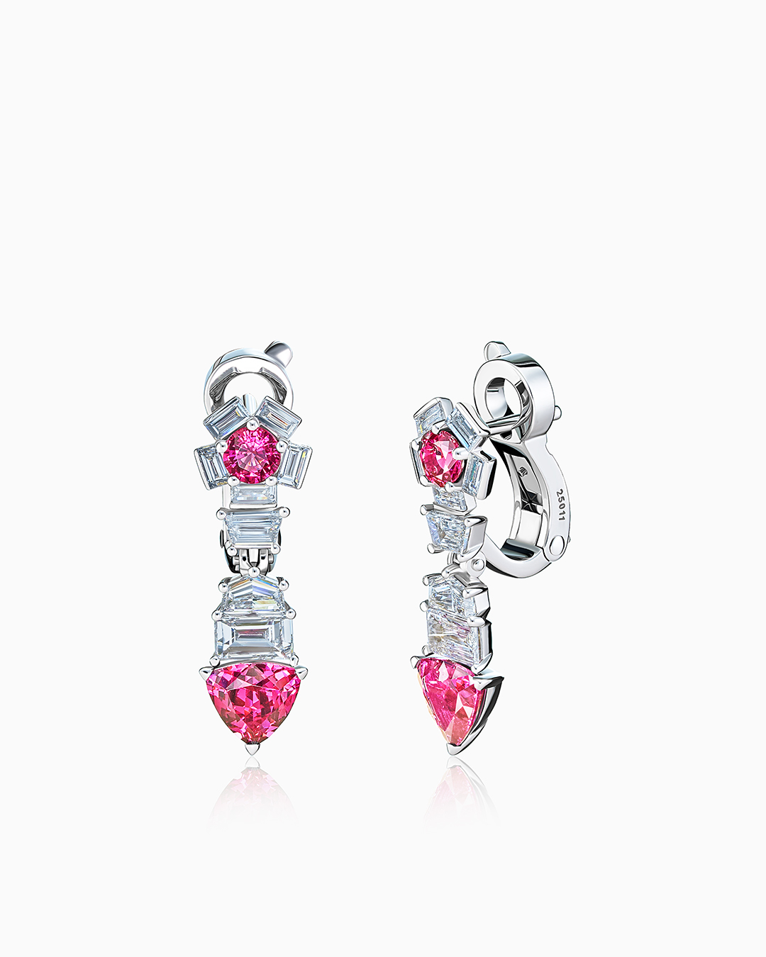 Серьги из белого золота с бриллиантами и розовыми шпинелью - фото 1