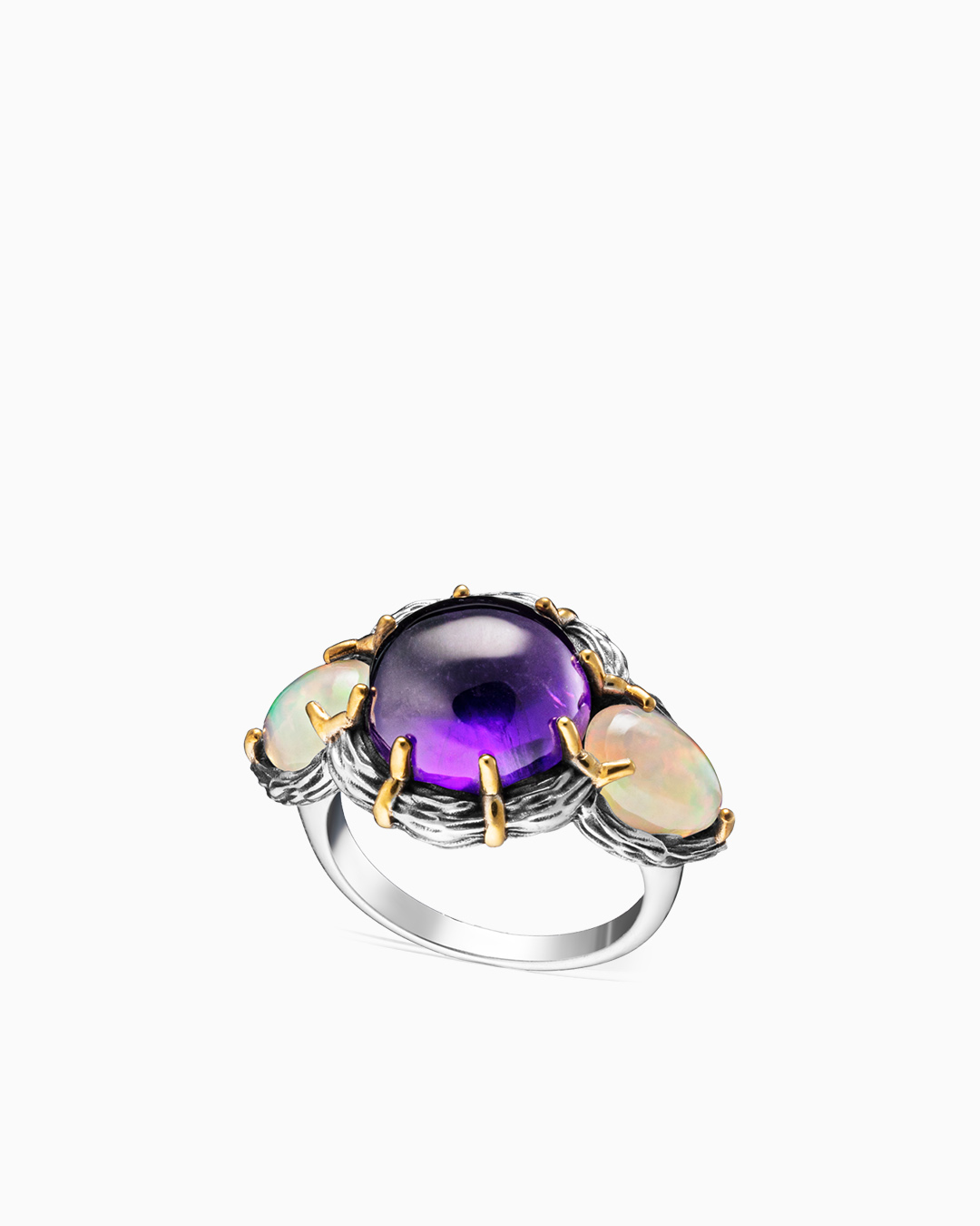 Яркое аметистовое серебряное кольцо с капельками опала  - фото 1