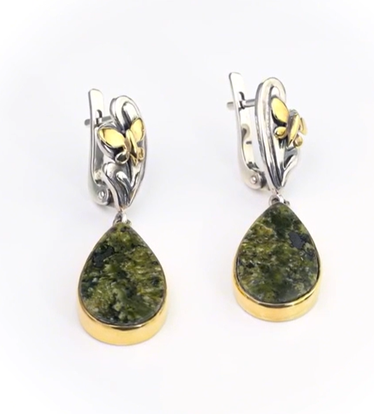 Серьги из серебра с камнем змеевик | Ювелирные украшения Sarkissian - фото 1 d