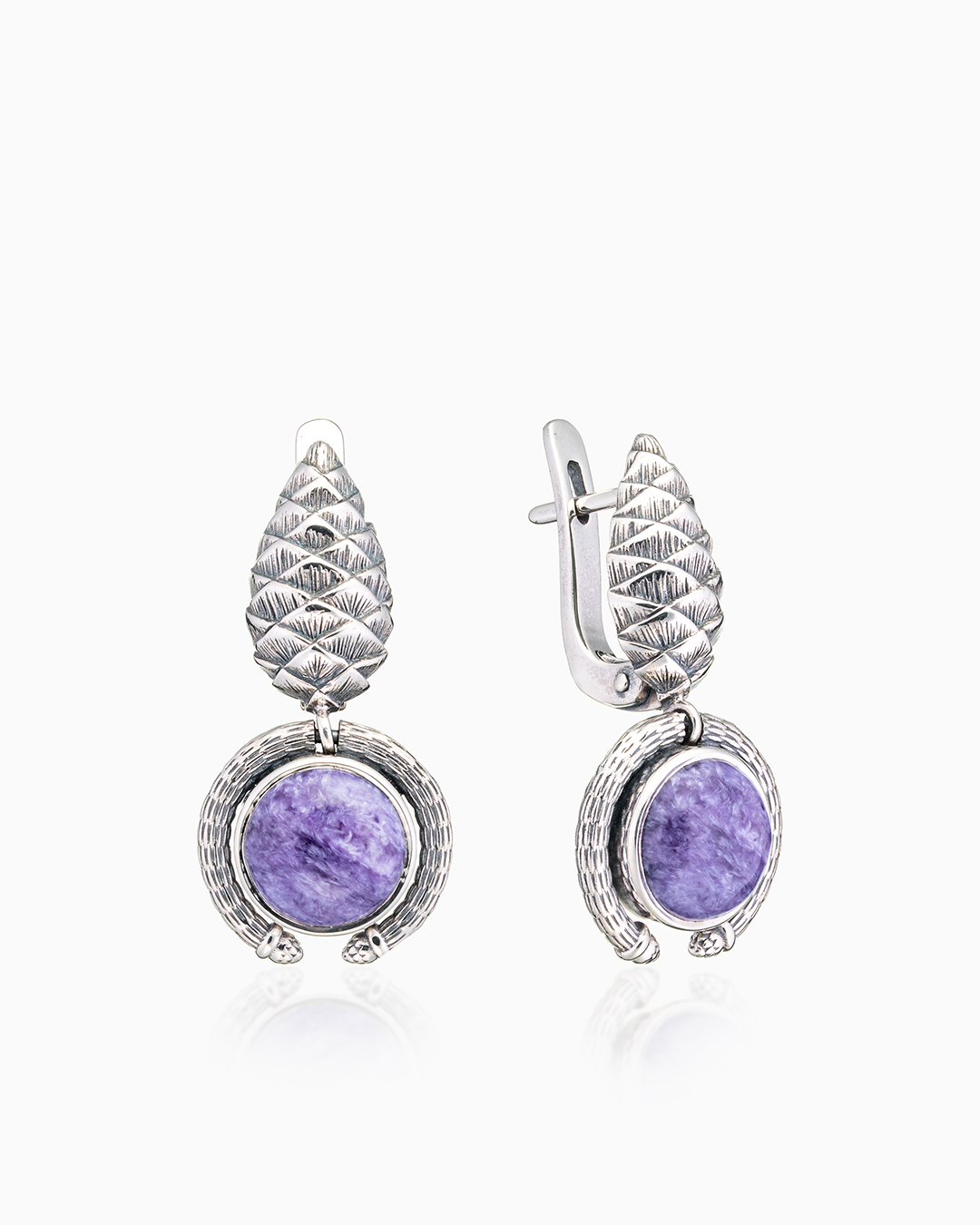 Серьги из серебра с камнем чароит - фото 1